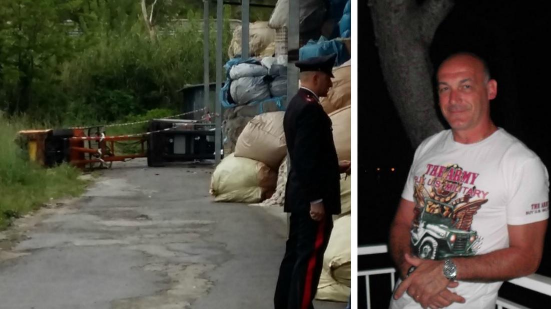 Il muletto all'esterno della Interfil. A destra Fabrizio Boccini, la vittima