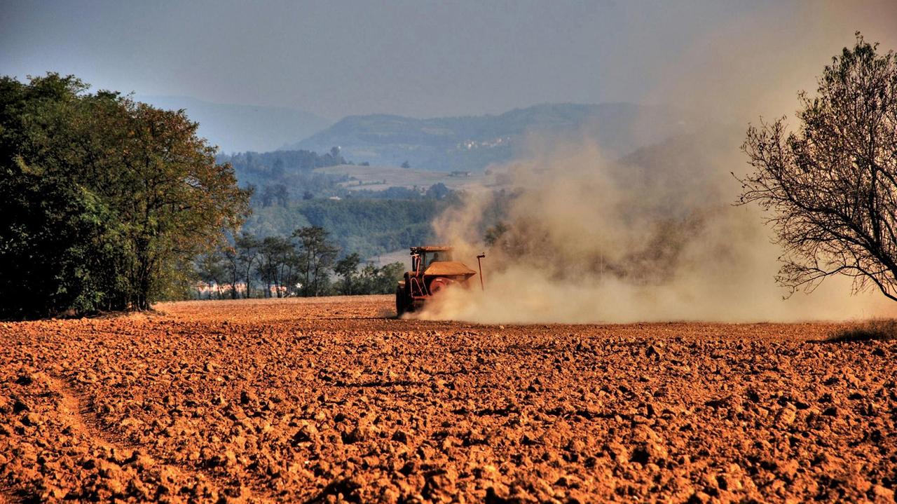 Un trattore dissoda un terreno agricolo inaridito dalla siccità