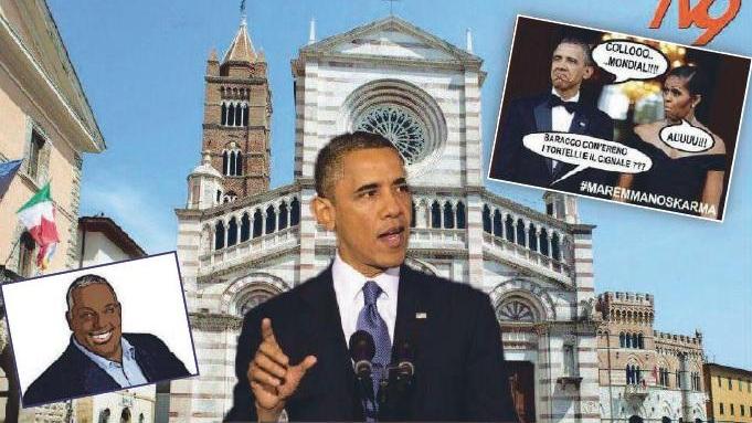 Tre vignette create per l'arrivo dell'ex presidente degli Stati Uniti Barack Obama a Grosseto