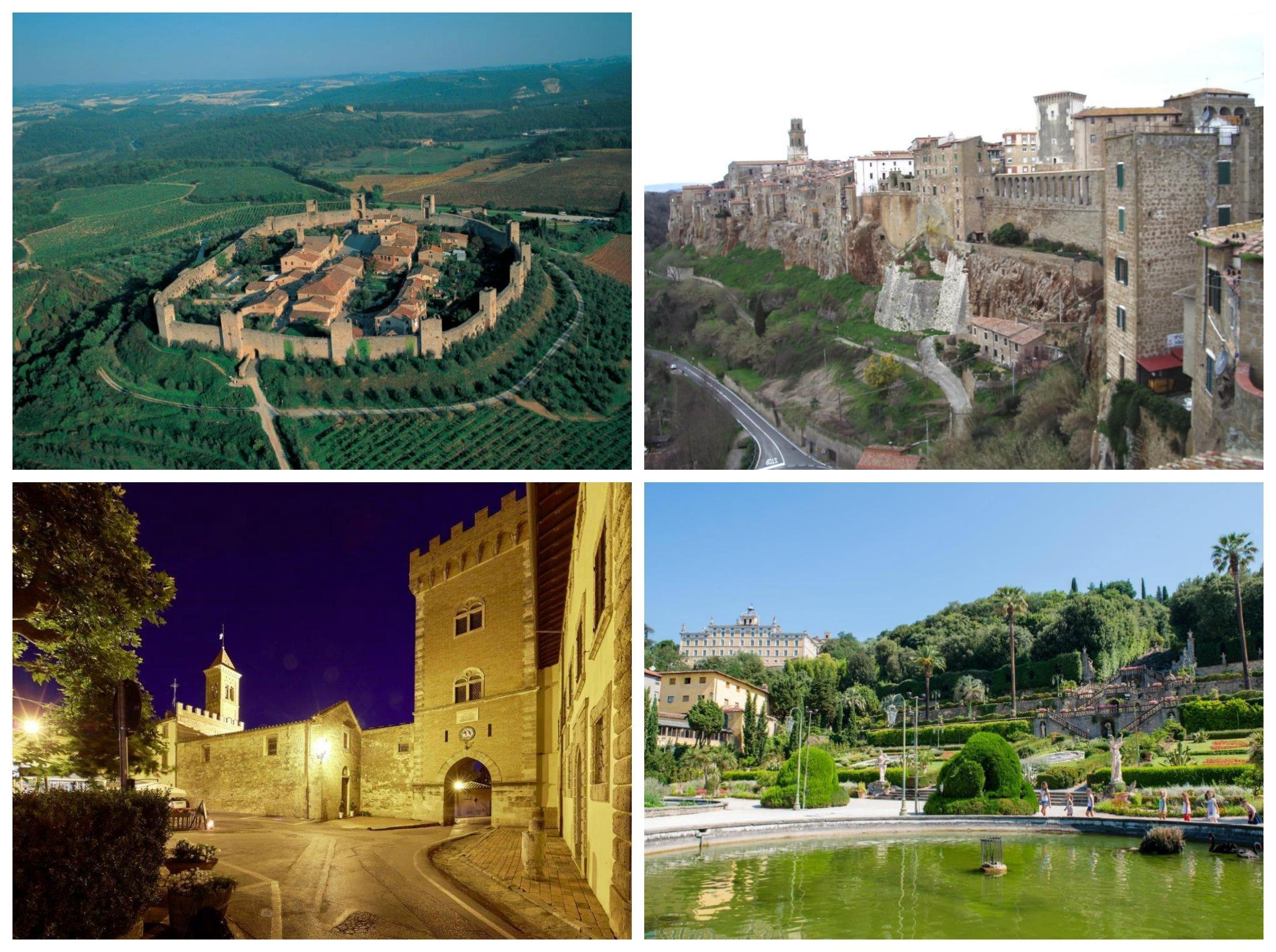 Quattro dei più bei borghi toscani. Dall'alto in senso orario: Monteriggioni, Pitigliano, Collodi (Villa Garzoni) e Bolgheri