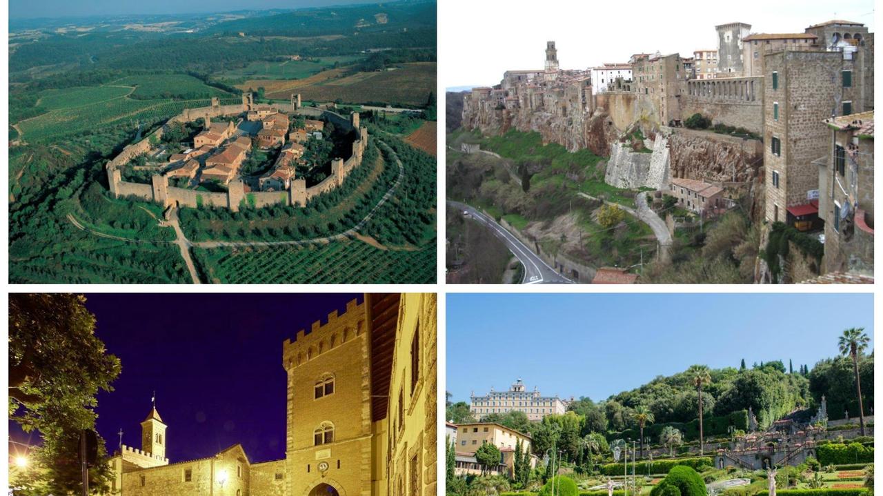Quattro dei più bei borghi toscani. Dall'alto in senso orario: Monteriggioni, Pitigliano, Collodi (Villa Garzoni) e Bolgheri