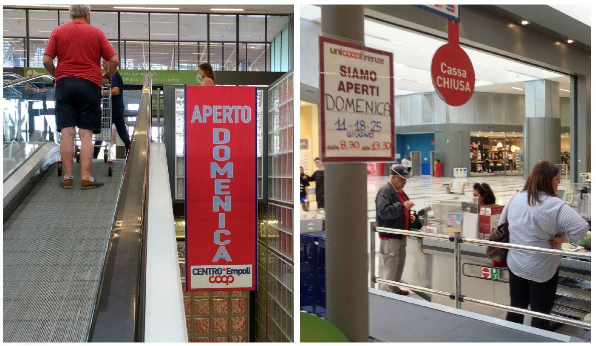 I cartelli che annunciano l'apertura domenicale dei negozi e la chiusura pomeridiana del supermercato (Foto Agenzia Carlo Sestini)