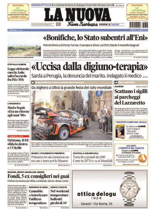 La Nuova Sardegna - Prima Pagina - 9 giugno 2017