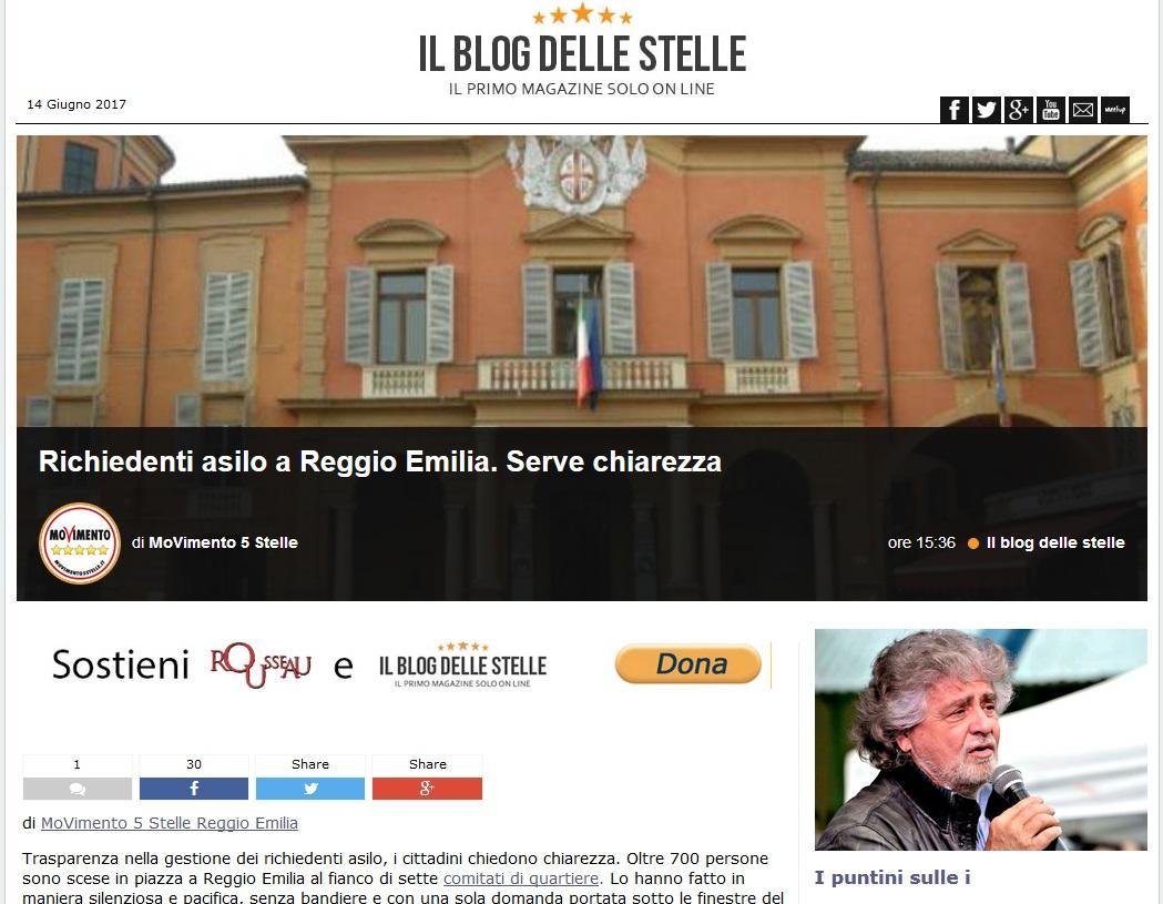 Profughi, sul blog di Beppe Grillo la fiaccolata di Reggio Emilia 