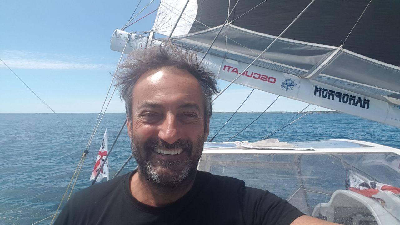 Andrea Mura all'arrivo della Ostar 2017 a Newport