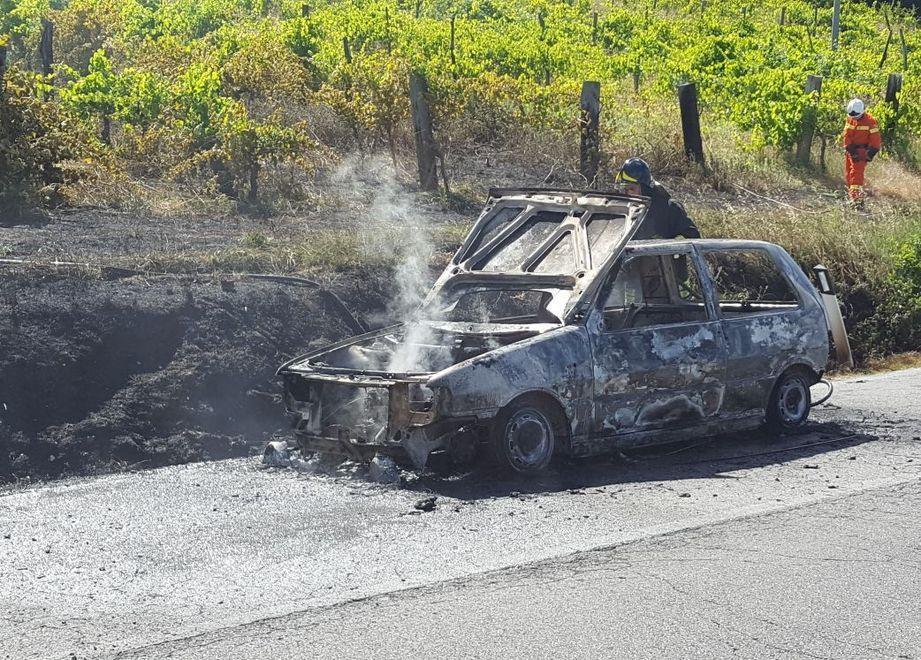 Auto prende fuoco e incendia vigneto