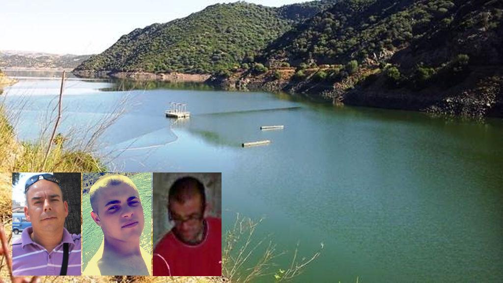 Il lago Mulargia. Nei riquadri Remo Frau, Iulian Nicusor Papirian e Gianfranco Sirigu