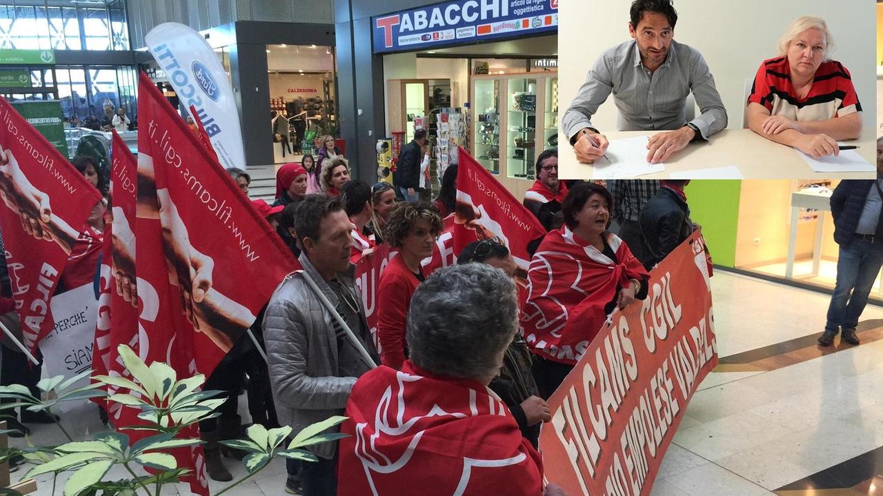 Una manifestazione di lavoratori del commercio (foto d’archivio) e, nel riquadro, Massimiliano Fabozzi e Donatella Galgani (Foto ag. Carlo Sestini)