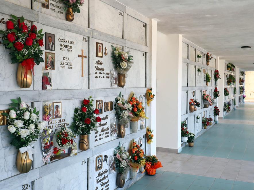 Piccioni e nidi tra i loculi del cimitero 