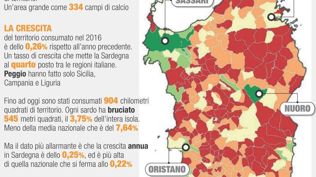 Il cemento avanza in Sardegna, nel 2016 cancellati 239 ettari  