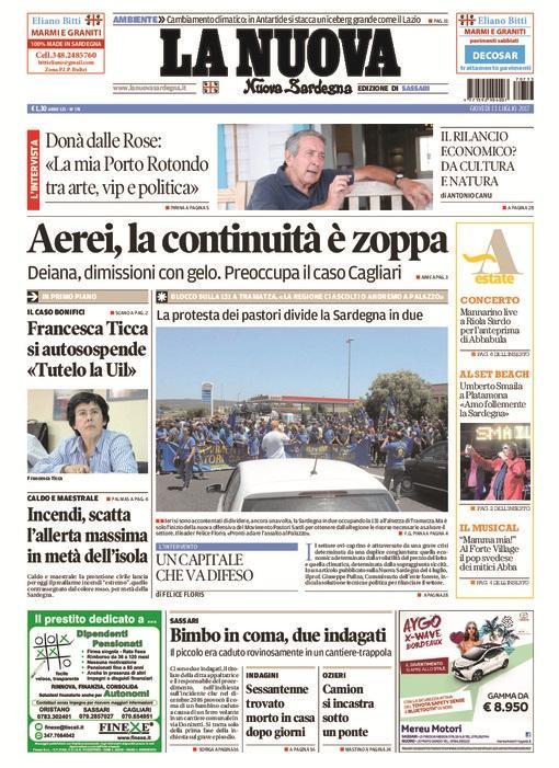 La Nuova Sardegna - Prima Pagina - 13 luglio 2017