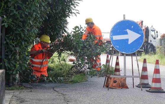 Operai al lavoro per ripulire il fosso dallo sversamento (foto Gori)