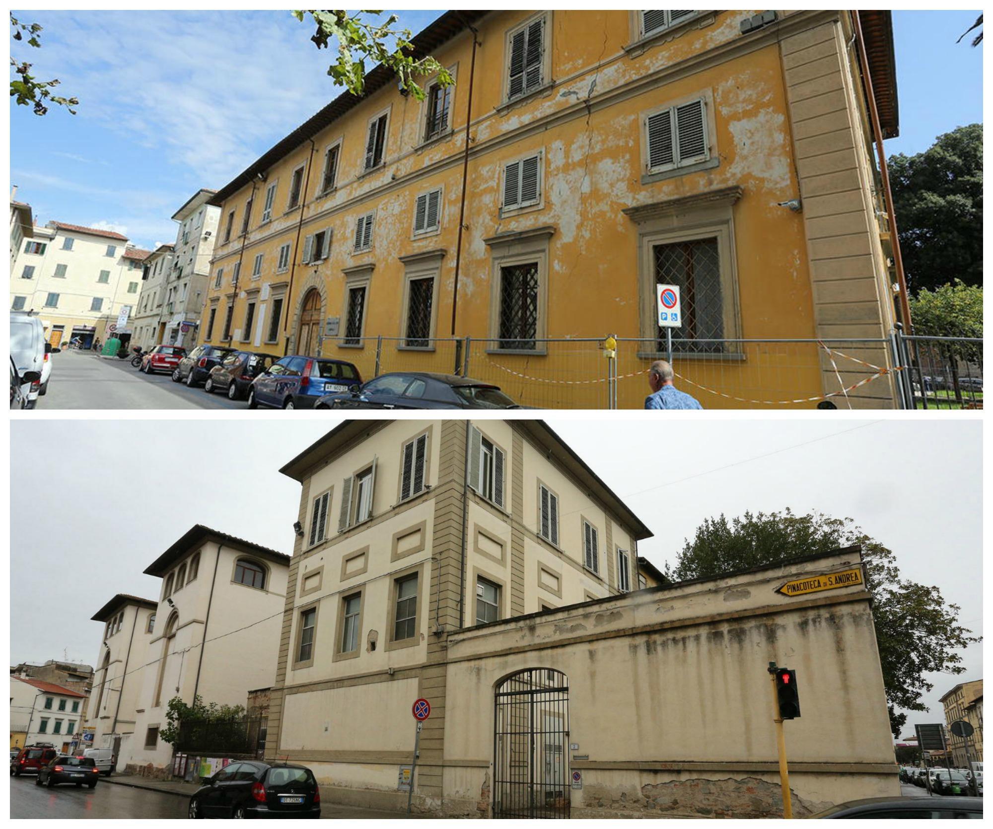 Una porzione dell’ex ospedale San Giuseppe e, sopra, l’ex Sert di piazza XXIV Luglio