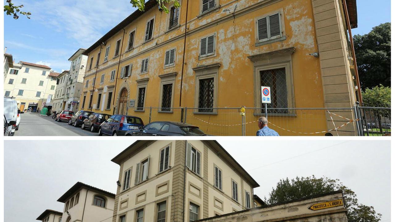 Una porzione dell’ex ospedale San Giuseppe e, sopra, l’ex Sert di piazza XXIV Luglio