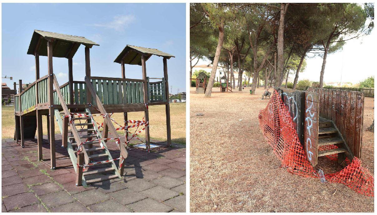 I giochi fuori uso nel parco di Serravalle e in via 11 Febbraio