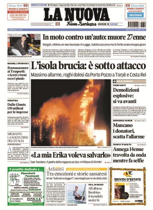 La Nuova Sardegna - Prima Pagina - 26 luglio 2017 