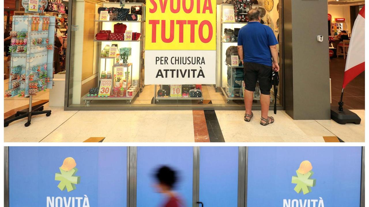 Uno spazio che si rinnoverà e, sopra, un negozio destinato alla chiusura (Foto ag. C. Sestini)