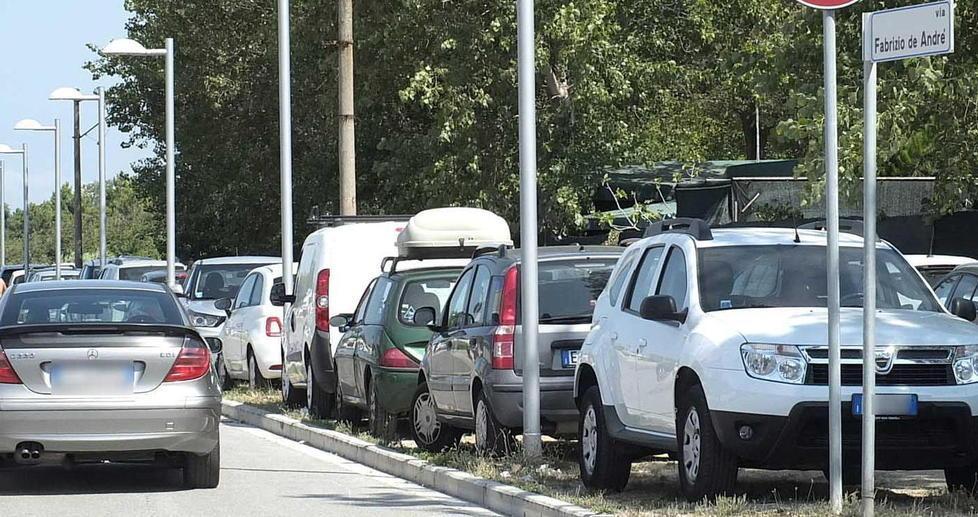 Una lunga fila di auto in sosta a Calambrone (foto Muzzi)