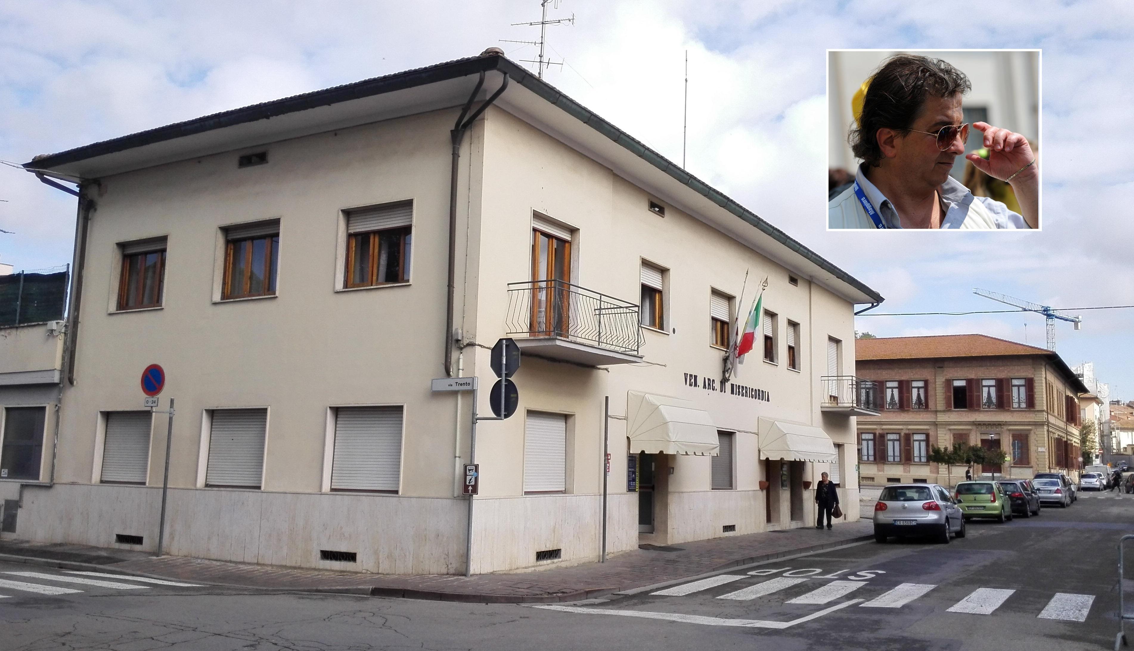 La sede della Misericordia di Certaldo e, nel riquadro, Alessandro Trapani (foto da Facebook)