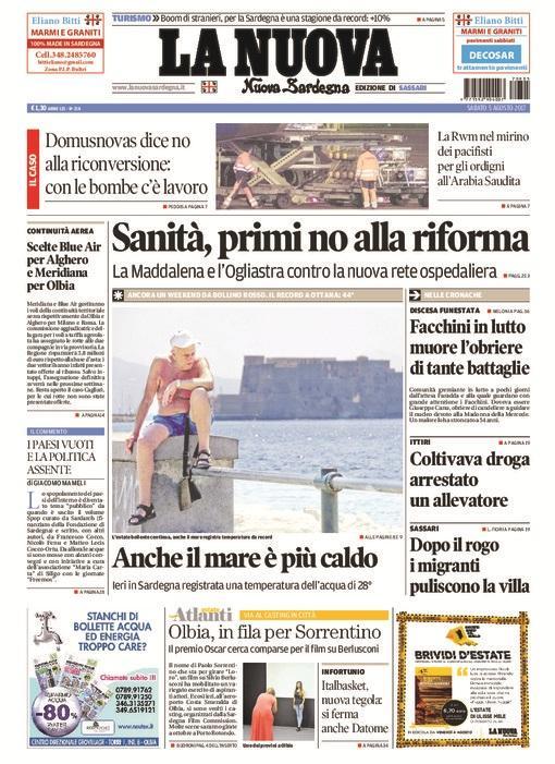 La Nuova Sardegna - Prima Pagina - 5 agosto 2017