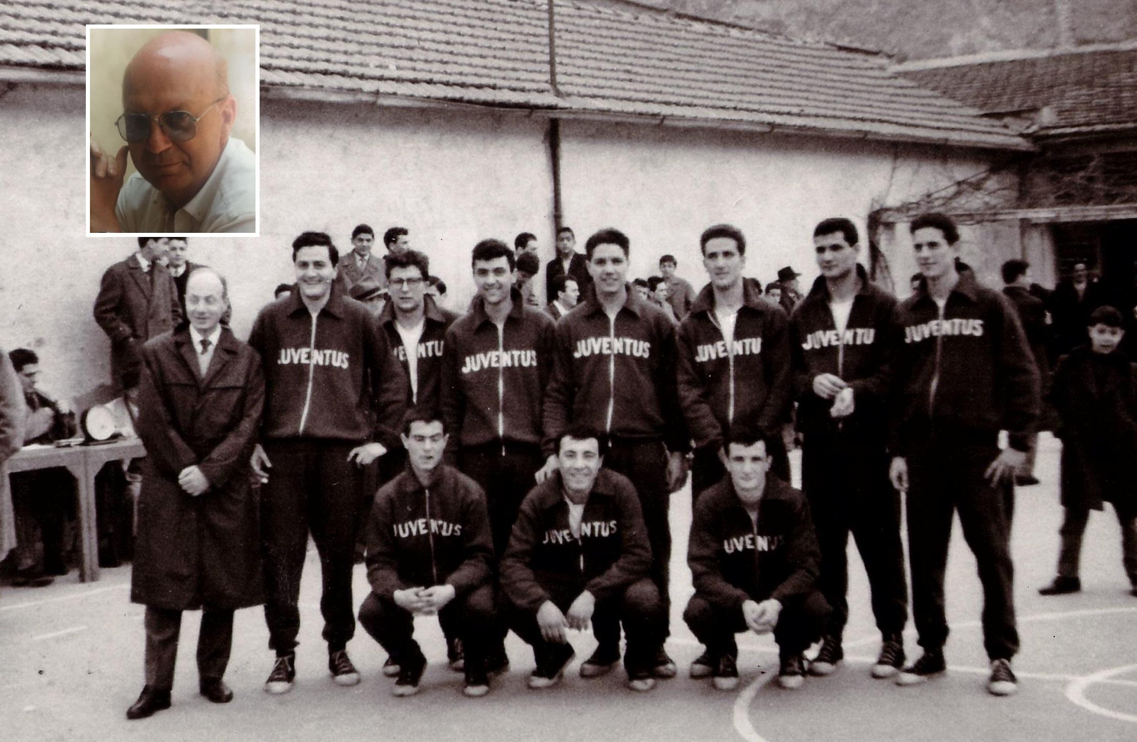 Panicucci il primo in piedi da sinistra in una foto storica della Juve e, nel riquadr, in una immagine recente