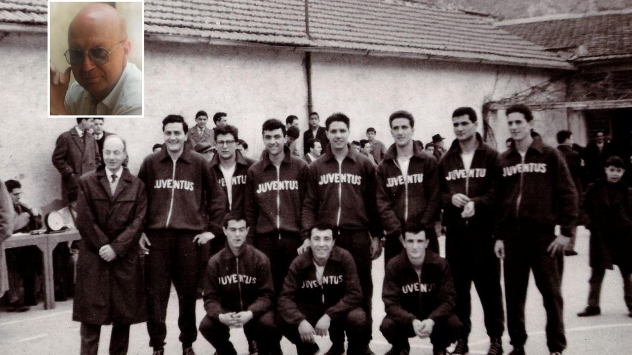 Panicucci il primo in piedi da sinistra in una foto storica della Juve e, nel riquadr, in una immagine recente
