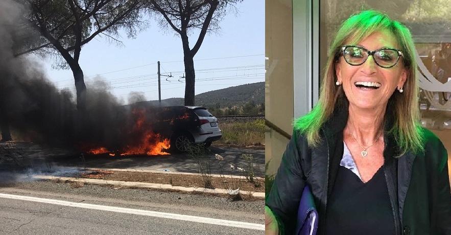 L'auto in fiamme lungo l'Aurelia e, a destra, Maria Laura Cantarella Cattaneo Arganini