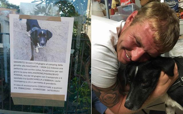 I cartelli affissi per ritrovare il cane e l'abbraccio con il padrone