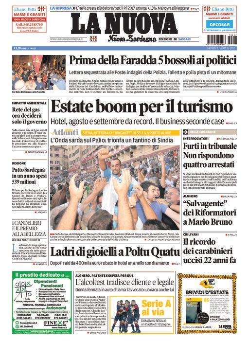 La Nuova Sardegna - Prima Pagina - 17 agosto 2017