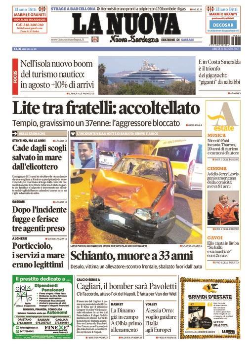 La Nuova Sardegna - Prima Pagina - 21 agosto 2017