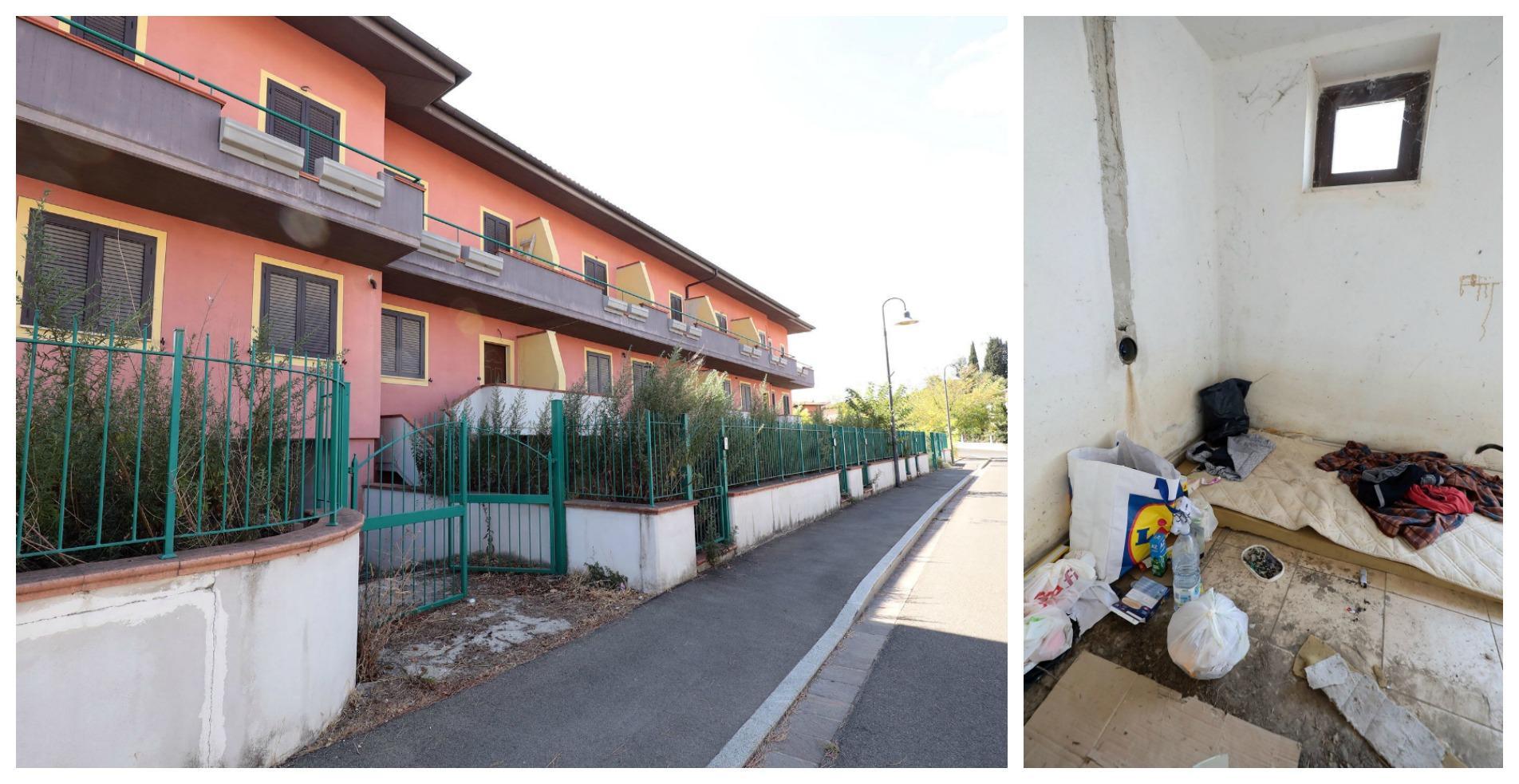 Il complesso residenzia occupato e i segni di vita in uno dei garage (Foto agenzia C. Sestini)
