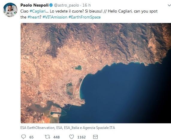 Nespoli dallo spazio fotografa la Sardegna e la posta su Twitter