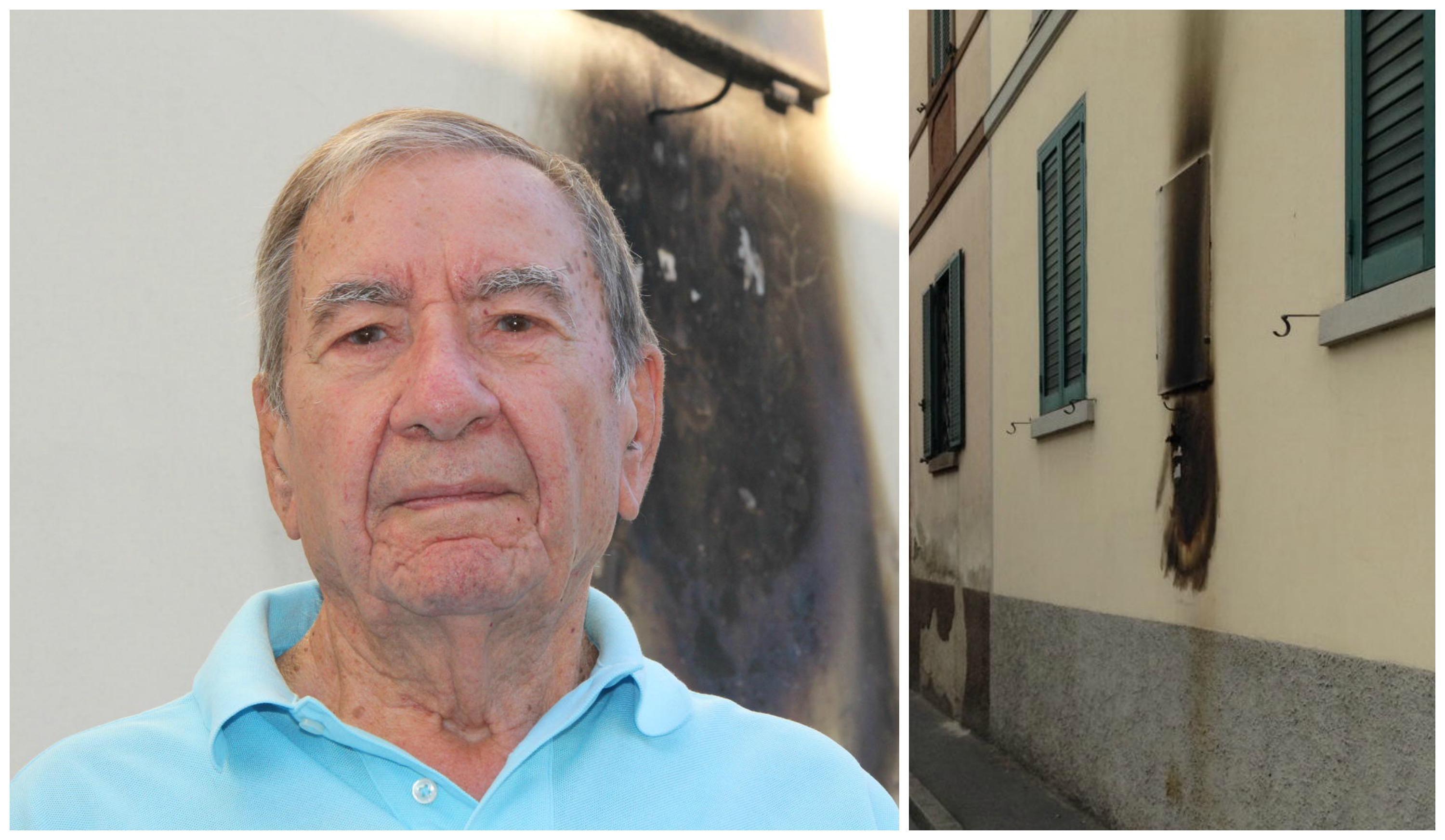 A sinistra Fiorello Fabbri, a destra la lapide annerita "per noia" (foto Batavia)