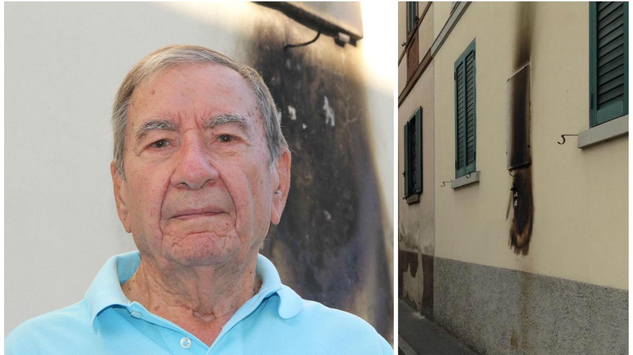A sinistra Fiorello Fabbri, a destra la lapide annerita "per noia" (foto Batavia)