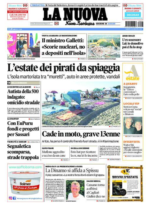 La Nuova Sardegna - Prima Pagina - 26 agosto 2017