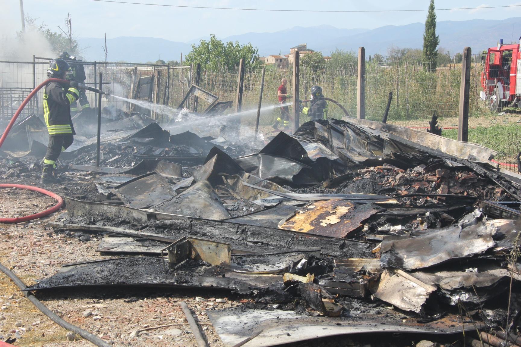 Il magazzino edile distrutto dall'incendio (foto Batavia)