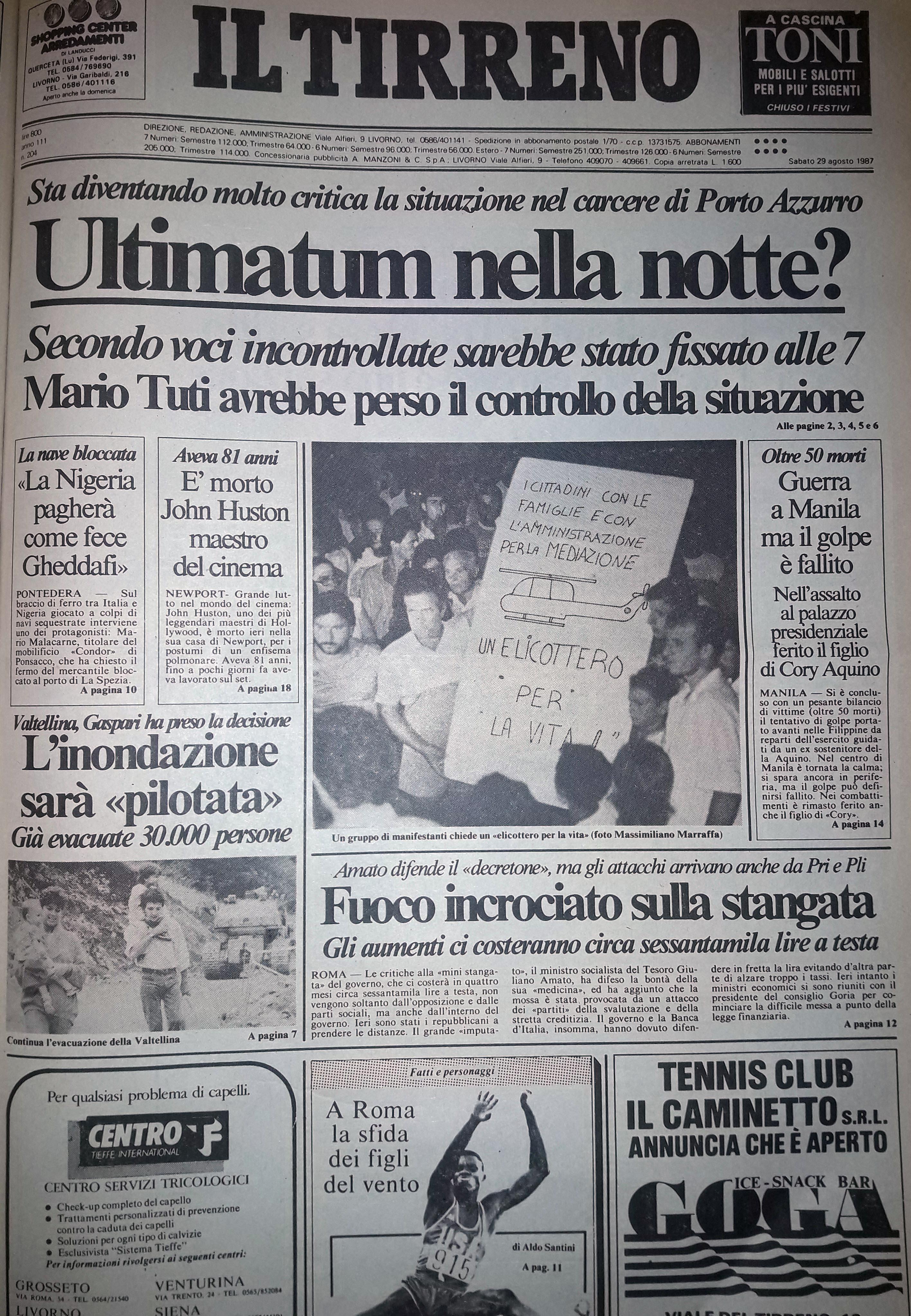 La prima pagina del Tirreno pubblicata il 29 agosto del 1987
