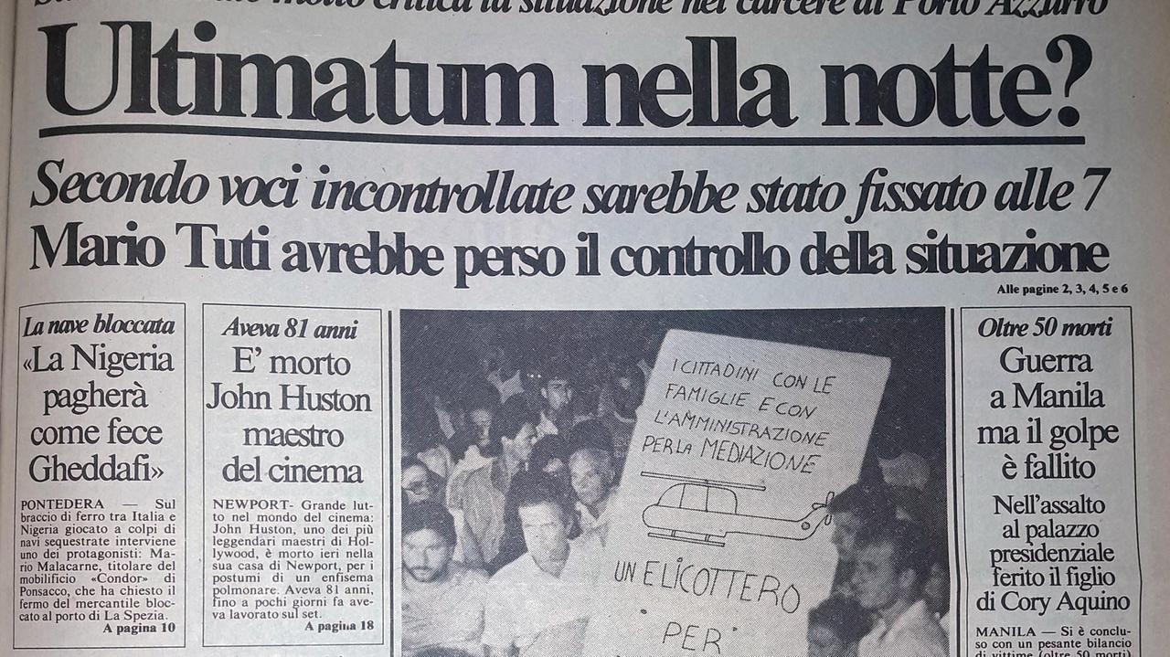 La prima pagina del Tirreno pubblicata il 29 agosto del 1987