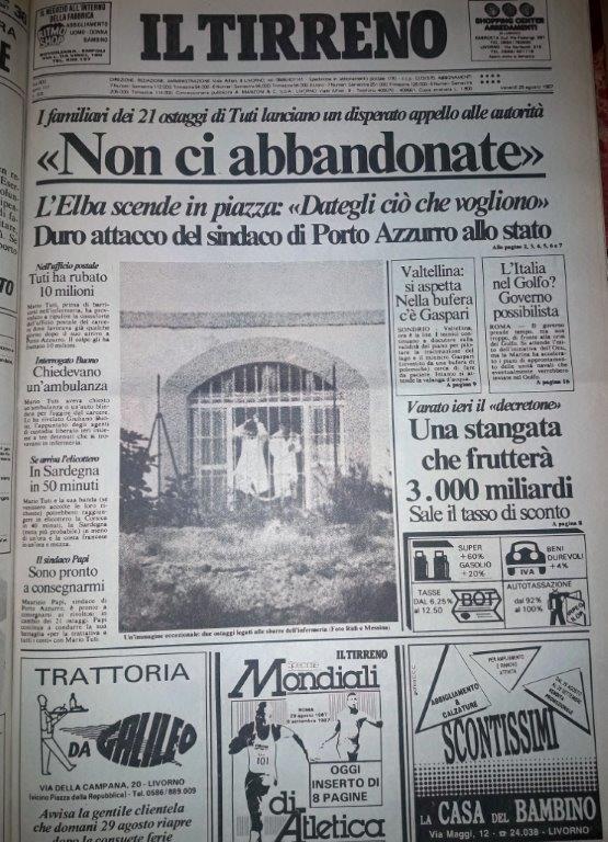 La prima pagina del Tirreno pubblicata il 28 agosto del 1987
