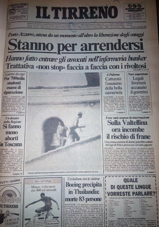 La prima pagina pubblicata dal Tirreno il 1 settembre del 1987