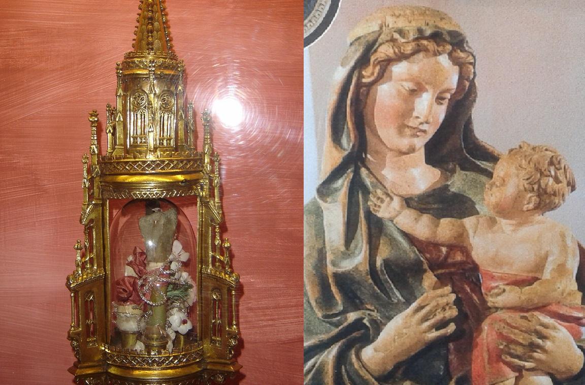 A sinistra il reliquiario delle sante Flora e Lucilla. A destra la statua lignea di Jacopo Della Quercia