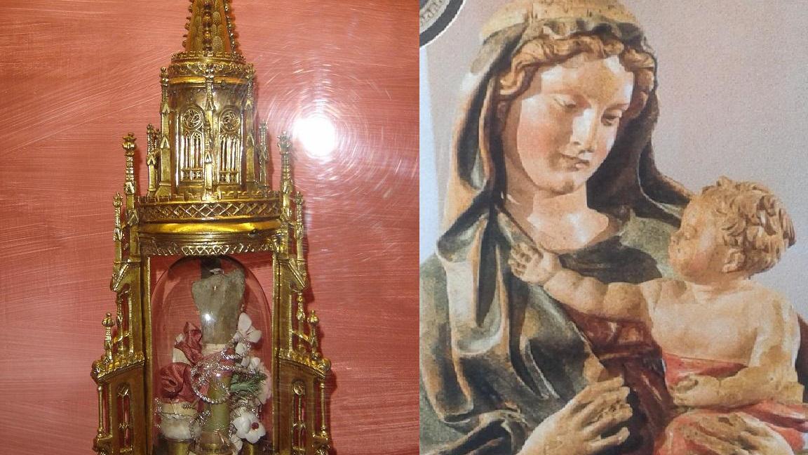 A sinistra il reliquiario delle sante Flora e Lucilla. A destra la statua lignea di Jacopo Della Quercia