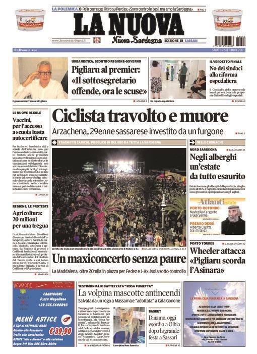 La Nuova Sardegna - Prima Pagina - 2 settembre 2017