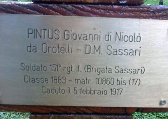 Targa nel sacrario di Asiago per il soldato Giovanni Pintus
