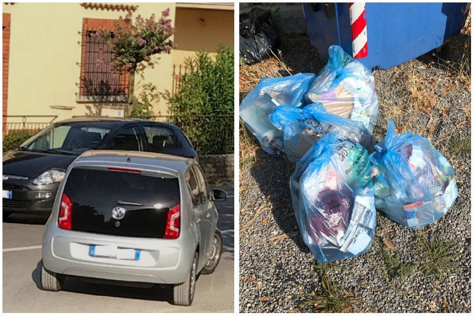 In primo piano l'auto della signora multata e a destra i sacchetti abbandonati