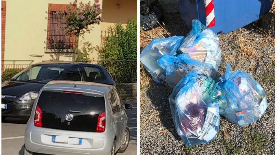 In primo piano l'auto della signora multata e a destra i sacchetti abbandonati