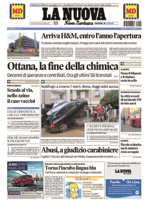 La Nuova Sardegna - Prima Pagina - 12 settembre 2017