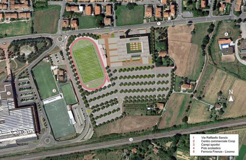 Il rendering dell’area con impianto per l’atletica (project dell’Empoli) e palasport