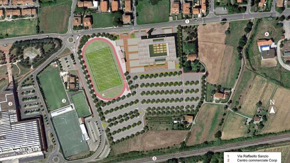 Il rendering dell’area con impianto per l’atletica (project dell’Empoli) e palasport