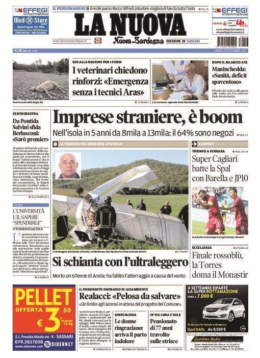 La Nuova Sardegna - Prima Pagina - 18 settembre 2017